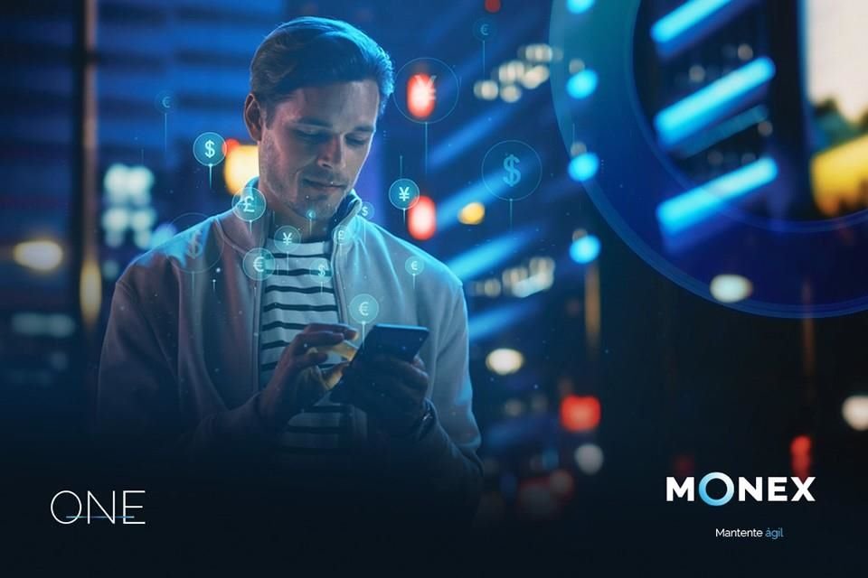 MONEX ONE brand creative showing a traveler using his phone